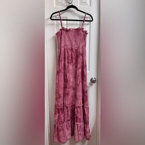 Promesa Smocked Tie-Dye Tiered Maxi Dress with adjustable straps, Size Large